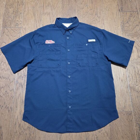 Ole Miss Tamiami Shirt Medium Columbia PFG Short Sleeve Button Men’s - Picture 1 of 9
